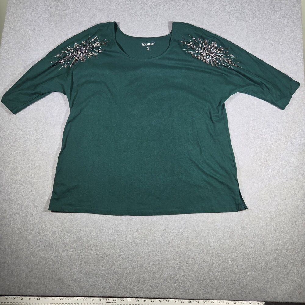 Roamans Emerald Green Plus Size 22 24 1X Rhinestone Embellished Holiday Tunic